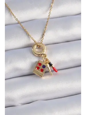  Altın  Makyaj Paleti Figür Charm Model  Çelik Kolye