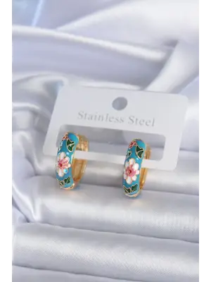   Altın Mavi Çiçek İşleme Detay Çelik Küpe