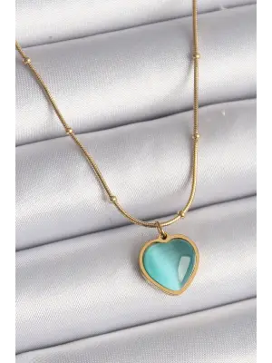  Altın  Mavi Kedi Gözü Sedefli Kalp Model  Çelik Kolye