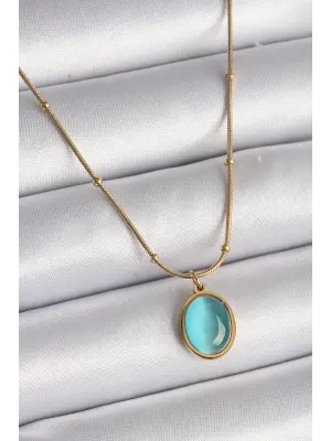  Altın  Mavi Kedi Gözü Sedefli Oval Model  Çelik Kolye