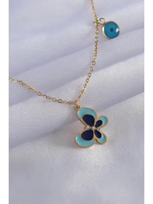  Altın  Mavi Kelebek Figür Nazar Boncuk Detay  Çelik Kolye