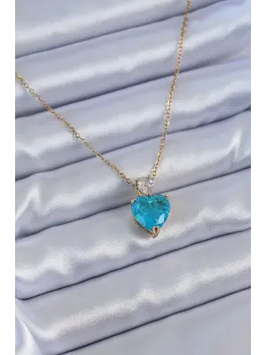  Altın  Mavi Kristal Taş Kalp Model  Çelik Kolye
