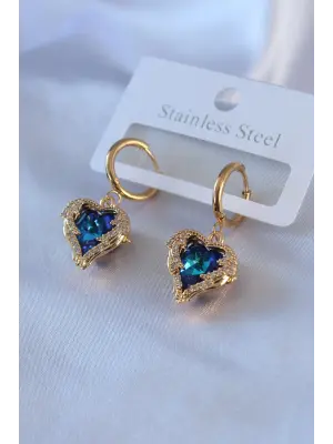   Altın Mavi Kristal Taş Kalp Model Zirkon Taşlı Çelik Küpe