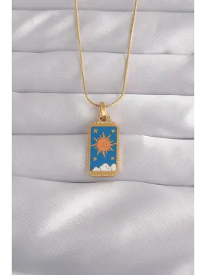  Altın  Mavi Mineli Güneş Model Tarot Çelik Kolye