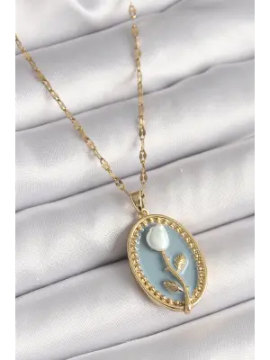 Altın Renkli Mavi Oval Portre Model Çiçek İşleme Detay Çelik Kolye