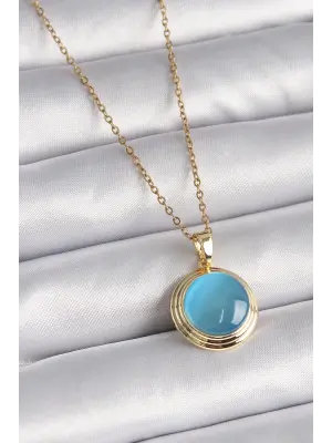  Altın  Mavi Sedefli Daire Model  Çelik Kolye