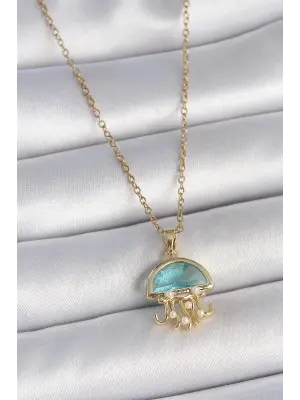 316L Çelik Gold Renk Mavi Taşlı Deniz Anası Model İnci Detay Kadın Kolye