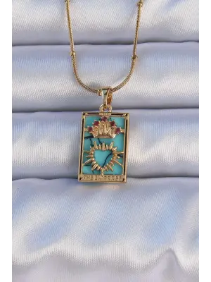  Altın  Mermer Desenli li Zirkon Taşlı Kalp Figürlü Tarot Çelik Kolye