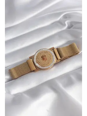 316L Çelik Gold Renk Mıknatıslı Hasır Zirkon Taşlı Çeyrek Altın Model Kadın Bileklik