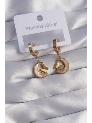   Altın Mineli Ay Figürlü Kelebek Küpe
