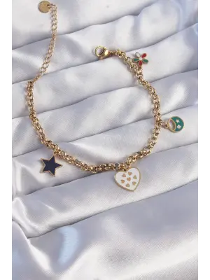 316L Çelik Gold Renk Mineli Çoklu Aksesuar Tasarımlı Zincir Bileklik