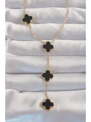  Altın  Mineli Sallantılı Zincir Yonca Çelik Kolye