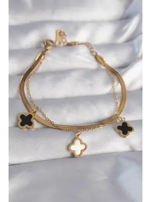 316L Çelik Gold Renk Mineli Yonca Model Çift İtalyan Zincirli Bileklik