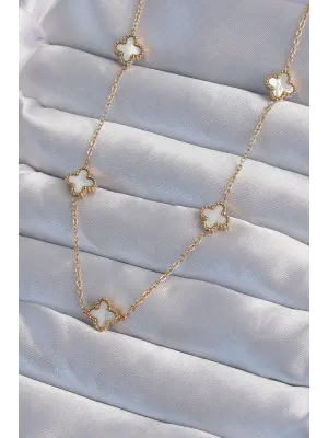  Altın  Minimal Beyaz Sedefli Yonca Çelik Kolye