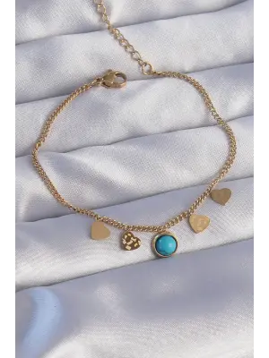 316L Çelik Gold Renk Minimal Kalpli Mavi Taş Detaylı Bileklik