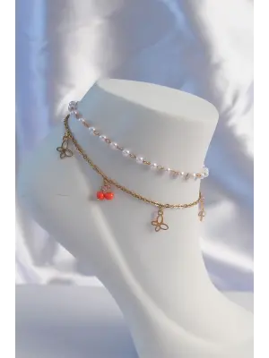 316L Çelik Gold Renk Minimal Kelebek Model İncili 2li Tasarım Halhal