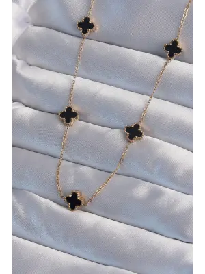  Altın  Minimal Siyah Mineli Yonca Çelik Kolye