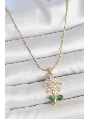 316L Çelik Gold Renk Minimal Topçuk Zincir Zirkon Taşlı Papatya Model Kadın Kolye