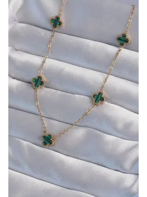  Altın  Minimal Yeşil Mineli Yonca Çelik Kolye