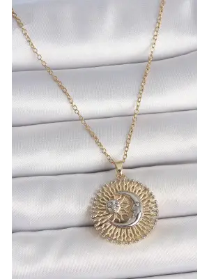 316L Çelik Gold Renk Mix Renk Ay Güneş Model Kadın Kolye
