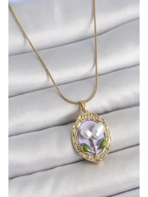 316L Çelik Gold Renk Mor İncili Çiçek İşlemeli Portre Model Kadın Kolye