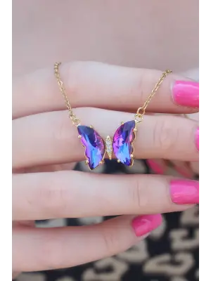 316L Çelik Gold Renk Mor Kristal Taş Kelebek Model Çelik Kadın Kolyesi