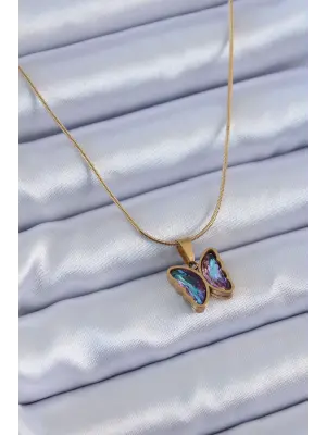 Altın Mor Kristal Taşlı Kelebek Model Çelik Kolye