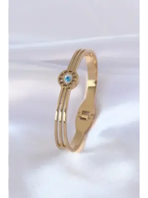316L Çelik Gold Renk Nazar Boncuk Detay Kadın Kelepçe