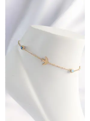 316L Çelik Gold Renk Nazar Boncuk Detay Kuş Tasarımlı Halhal