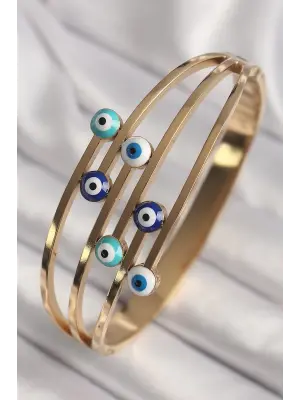 316L Çelik Gold Renk Nazar Boncuklu Kaburga Model Kadın Kelepçe