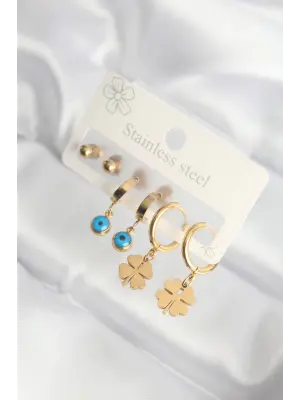   Altın Nazar Boncuklu Yonca Küpe Seti