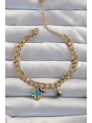 316L Çelik Gold Renk Nazarlı Kalp Model Zincir Bileklik