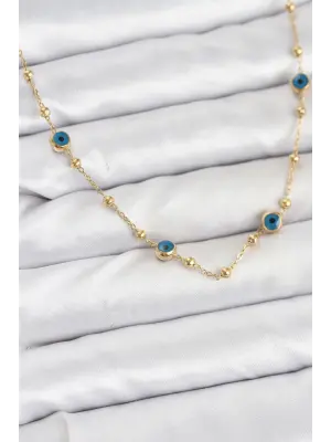 316L Çelik Gold Renk Nazarlı ve Topçuklu Model Kadın Kolye