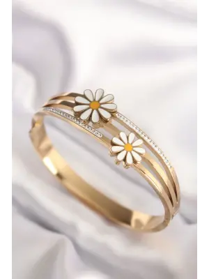 316L Çelik Gold Renk Papatya Model Kadın Kelepçe Bilezik