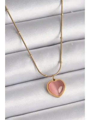  Altın  Pembe Kedi Gözü Sedefli Kalp Model  Çelik Kolye