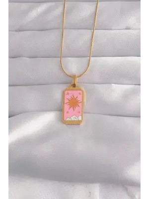  Altın  Pembe Mineli Güneş Model Tarot Çelik Kolye