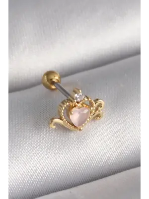316L Çelik Gold Renk Pembe Mineli Kalp Zirkon Taş Detay Tragus Piercing
