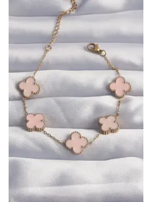 316L Çelik Gold Renk Pembe Mineli Yonca Bileklik