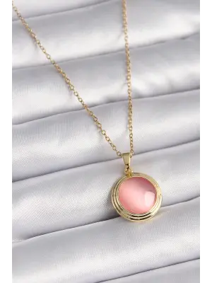  Altın  Pembe Sedefli Daire Model  Çelik Kolye
