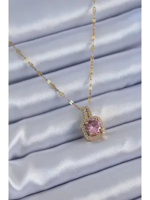 316L Çelik Gold Renk Pembe Zirkon Taş Model Kadın Kolye