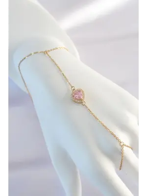 316L Çelik Gold Renk Pembe Zirkon Taşlı Kalp Model Şahmeran