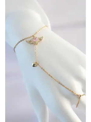 316L Çelik Gold Renk Pembe Zirkon Taşlı Kanatlı Kalp Model Şahmeran
