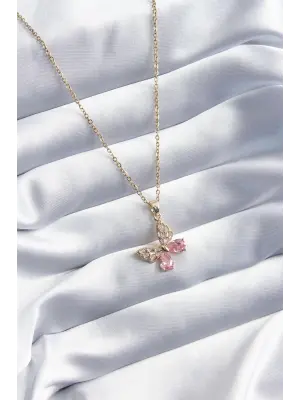  Altın  Pembe Zirkon Taşlı Kelebek Model  Çelik Kolye