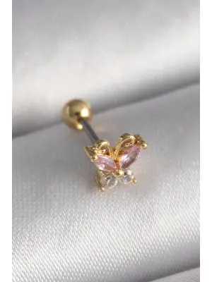 316L Çelik Gold Renk Pembe Zirkon Taşlı Kelebek Tragus Piercing