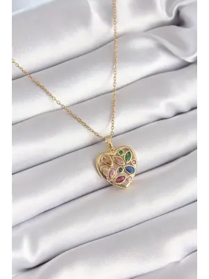  Altın  li Zirkon Taşlı Kalp Model  Çelik Kolye