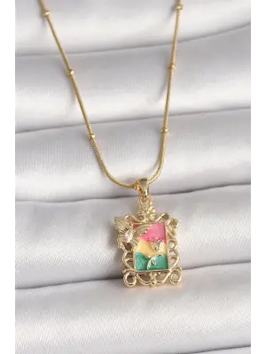 316L Çelik Gold Renk Renkli Zirkon Taşlı Kelebek İşlemeli Portre Model Kadın Kolye