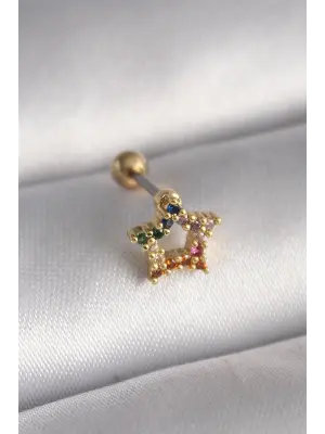 316L Çelik Gold Renk Renkli Zirkon Taşlı Yıldız Model Tragus Piercing