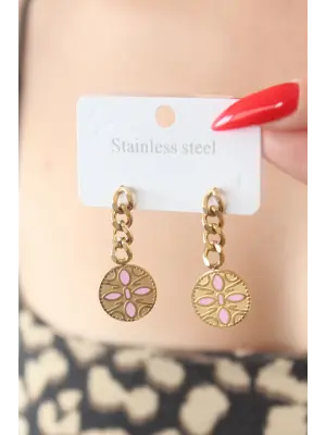   Altın Sallantı Çiçek Model İşleme Detay Çelik Küpe