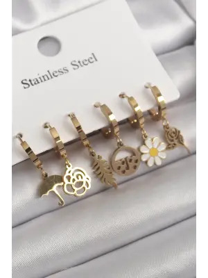  Altın Sallantı Çiçek Model Çelik Küpe Seti