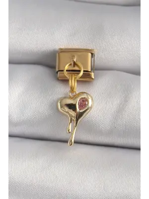 316L Çelik Gold Renk Sallantı Eriyen Kalp Model Pembe Zirkon Taş Detaylı Nomination Charm